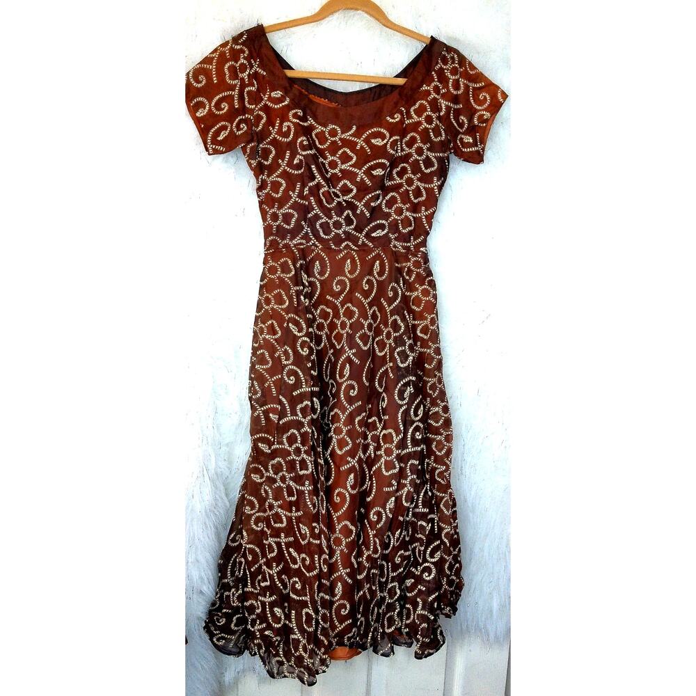 Vtg 1950s Frances Prisco Fit Flare Dress Brown Abstract Print XS 24 Waist READ